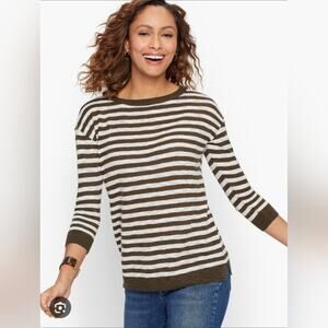 NEW Talbots Keyhole Tie Boatneck Striped Knit Top XL Green White Nautical Coasta